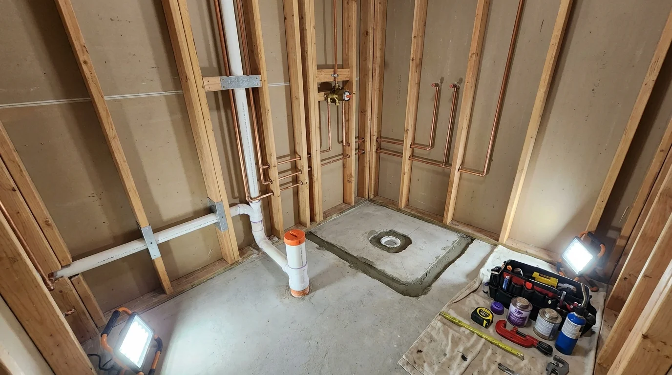 Bathroom rough-in plumbing during remodel by Johns Plumbing LLC in Ocean View