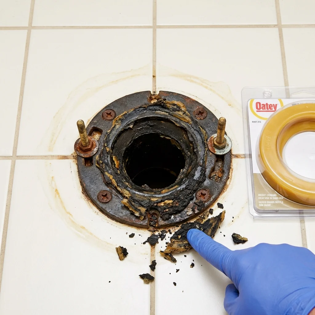 Failed wax ring showing water seepage at the base of a toilet in a Ocean View, DE home